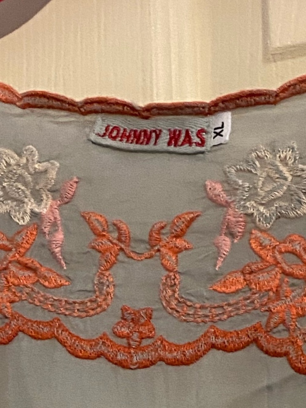 Johnny Was Light Blue Tunic with Coral and Cream Embroidery, Size XL - Picture 2 of 8